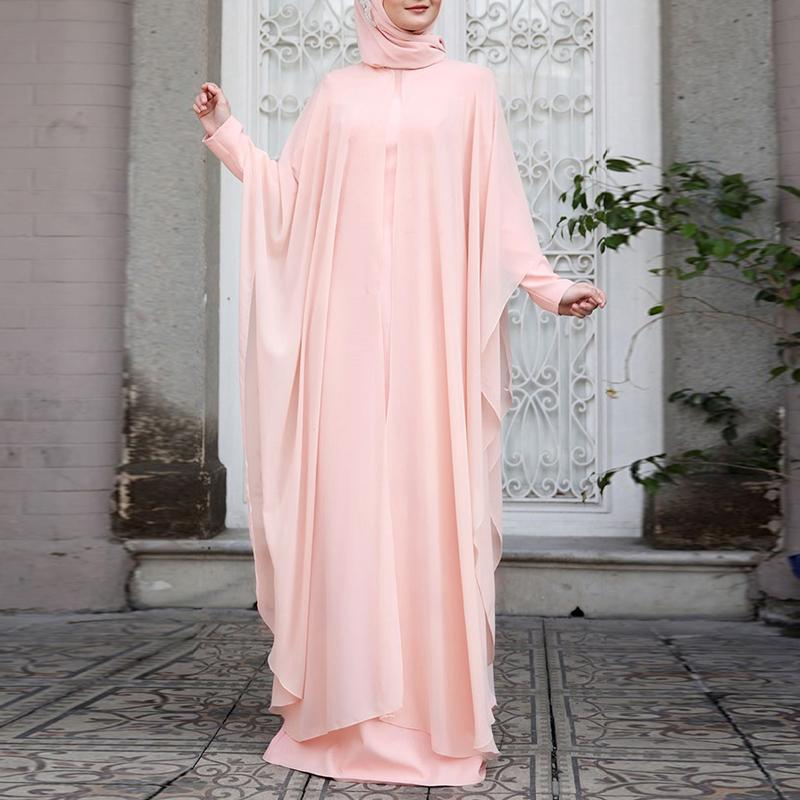 ZANZEA Muslim Women Prayer Dress Women O-neck Batwing Sleeve Chiffon Long Dress Abayas Islamic Clothes