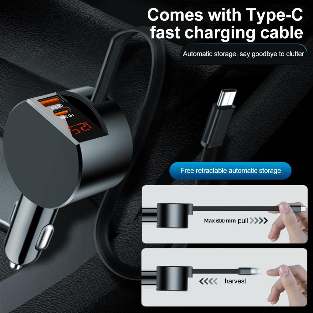 Автомобильное зарядное устройство Super Fast Charge Flash Charging с телескопическим кабелем, детектором напряжения, 3 в 1, с портами USB Type C, адаптер