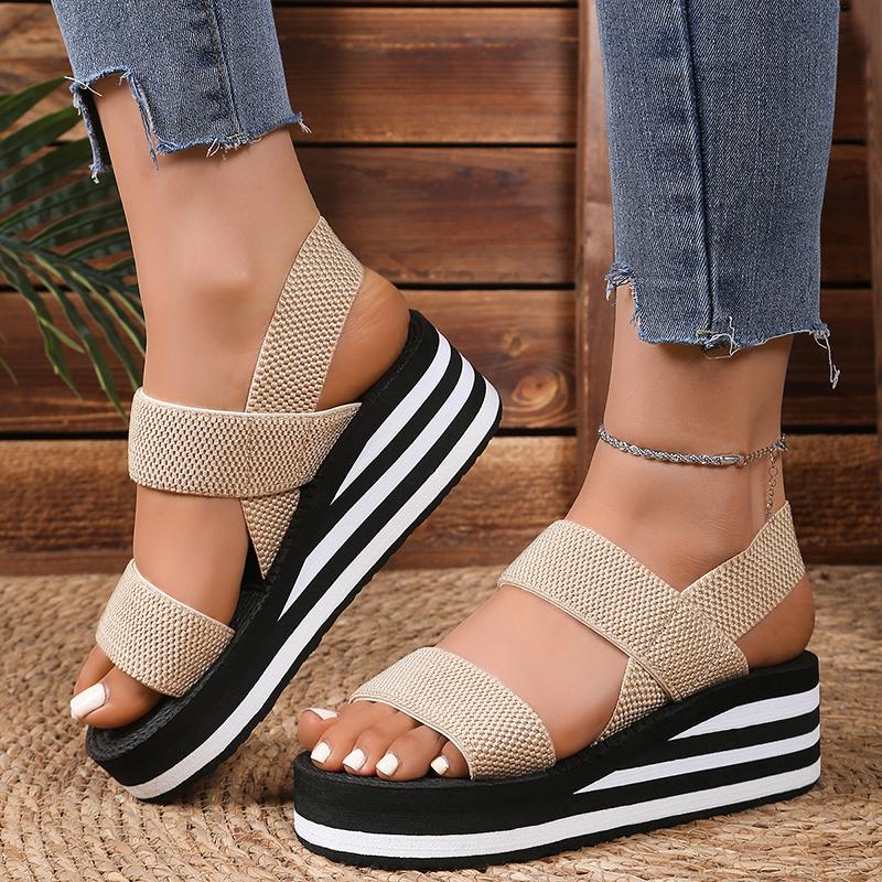 Striped Thick Sole Wedge Sandals Women Elastic Band Lightweight Platform Sandals Woman Summer 2025 Comfort Non Slip Beach Shoes