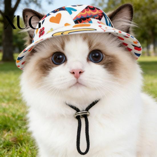 Dog Decorative Hat Pet Sun Breathable Small Dogs Cats Bucket with Ear Cartoon Holes Adjustable Drawstring UV Protection