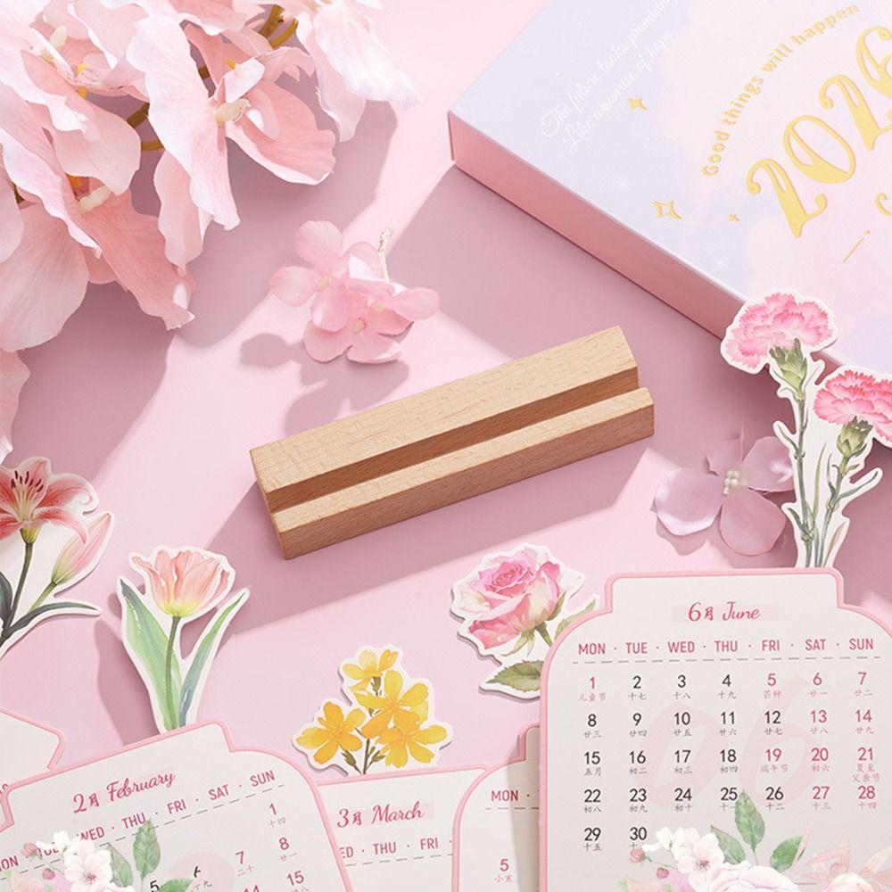 Detachable Base Bloomy Flowers Desk Calendar Wooden Base Monthly Planner for Table Desk Decor