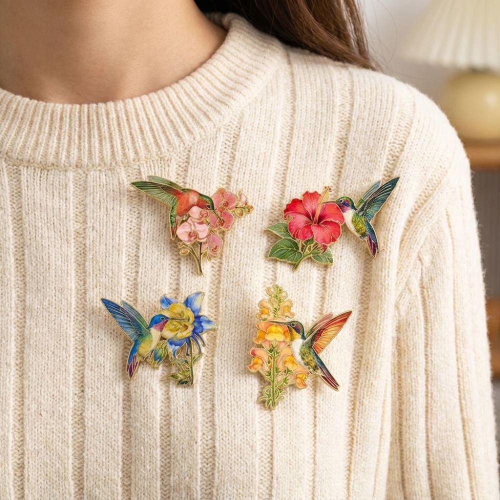 Chinese Style Hummingbird Flower Enamel Pin Colorful Luxury Bird Badges Backpack Clothes