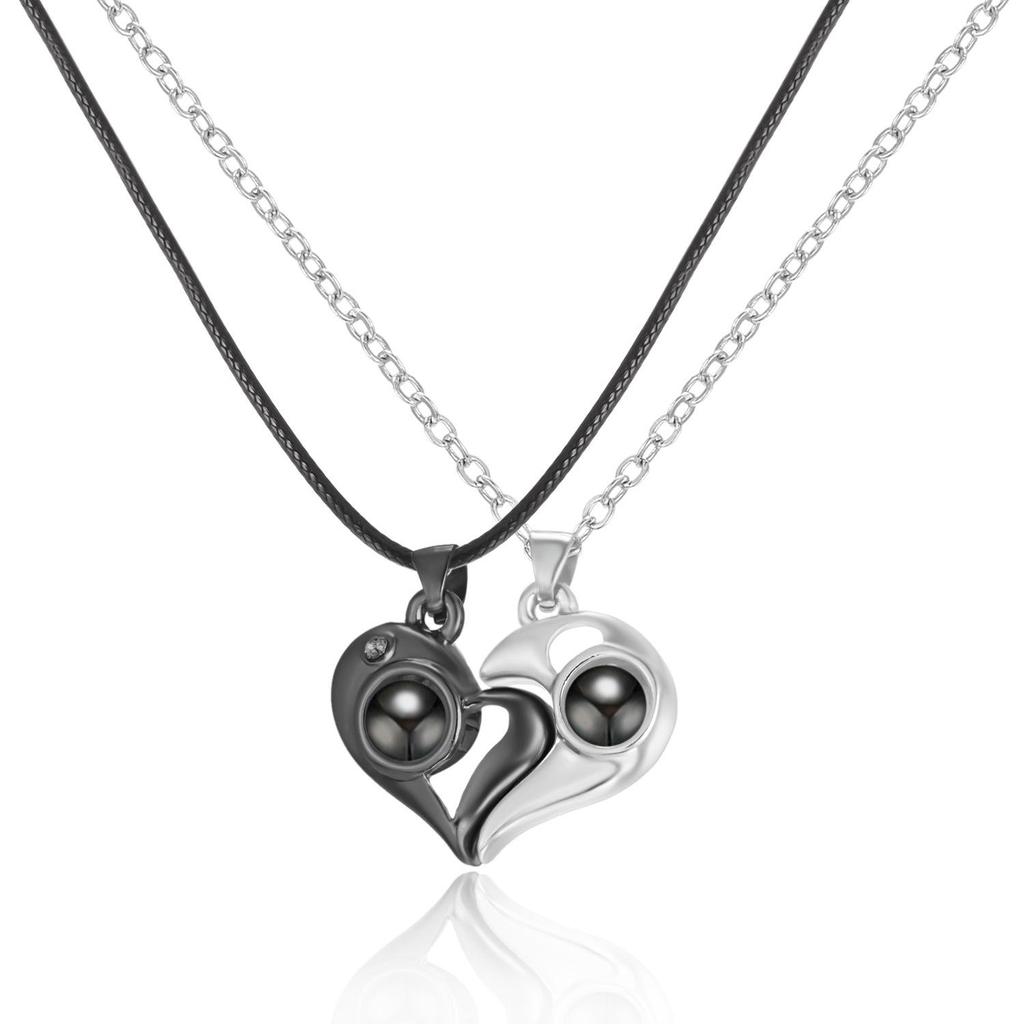 Sun & Moon Magnet Couple Necklace with Heart-Shaped Projection 'I Love You' In 100 Languages