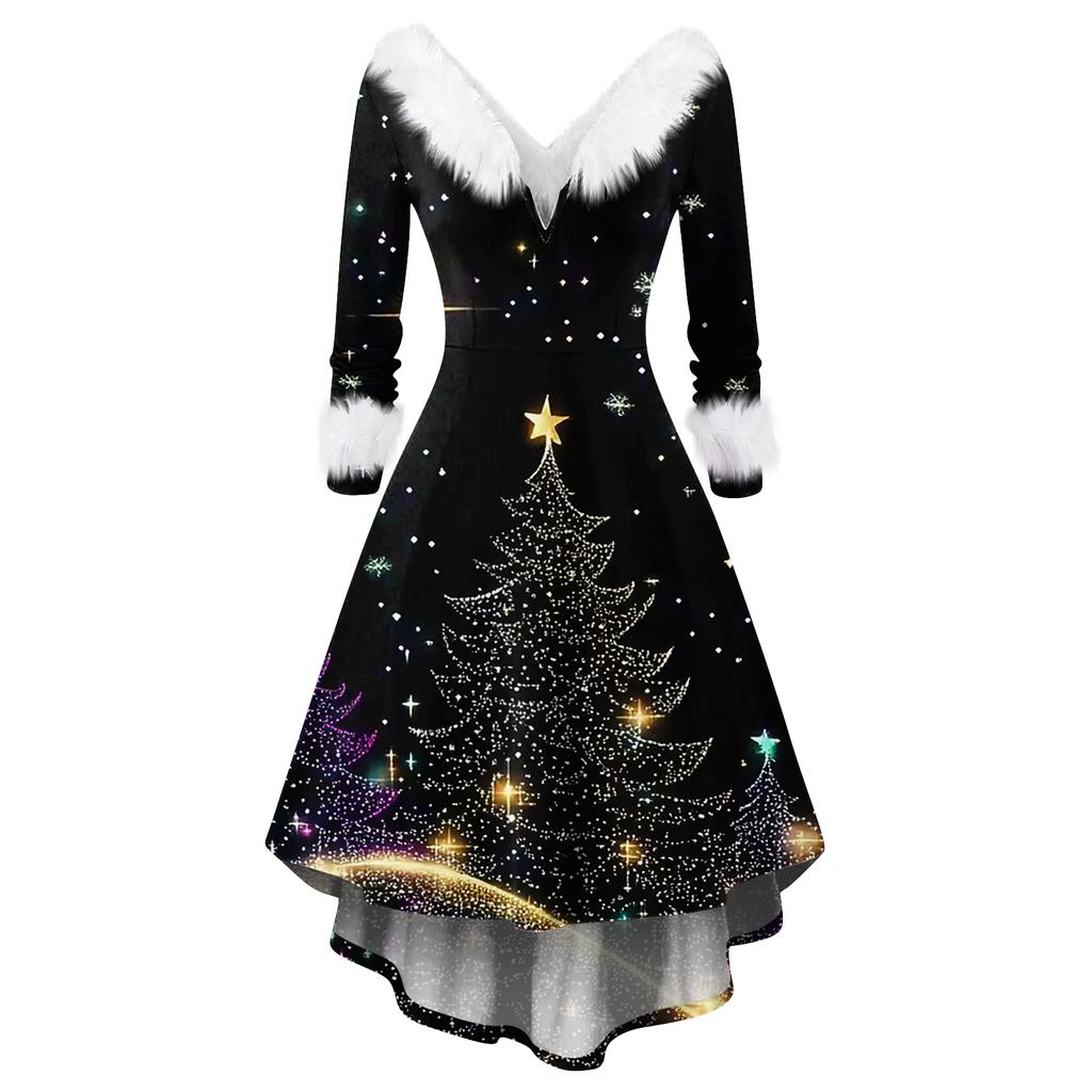 Женское модное повседневное приталенное платье с рождественским принтом для вечеринки с длинными рукавами