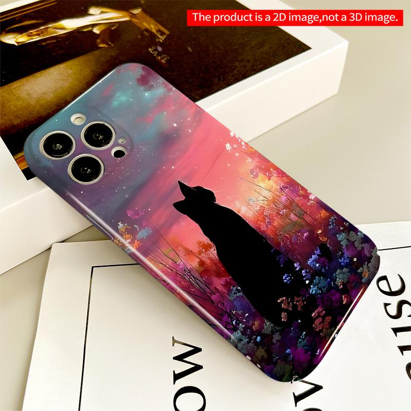 2DFlat Silhouette Cat in Dreamy Floral Sky All inclusive film hard iPhone case, compatible with iPhone 18 Pro Max 17 16 15 14 13 12 11