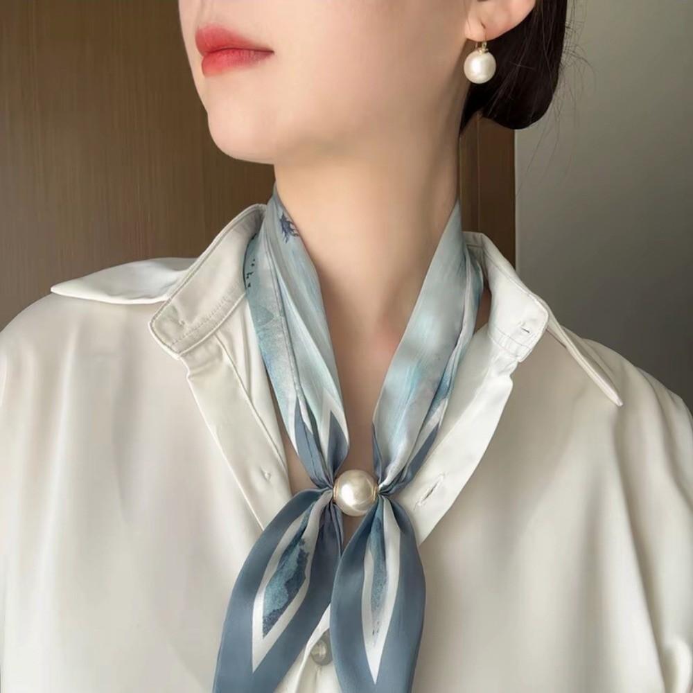 No Tie Silk Scarf Magnetic Pearl Buckle Women Neckerchief Sun Protection Satin Neck Scarf  Summer
