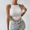 2025 Весна и лето Новый элегантный сексуальный жилет с лямкой на шее и кисточками, короткий облегающий белый укороченный топ с пуговицами, женская одежда