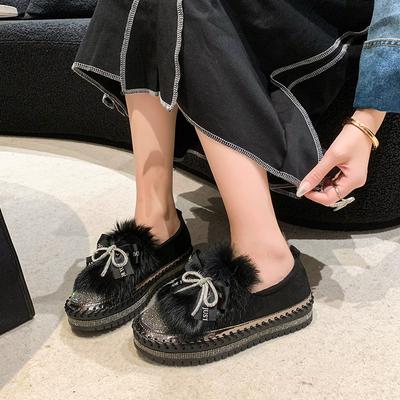 Флисовые теплые туфли-лодочки с бантом и стразами, женские осенне-зимние, новые, на толстой подошве, ленивые