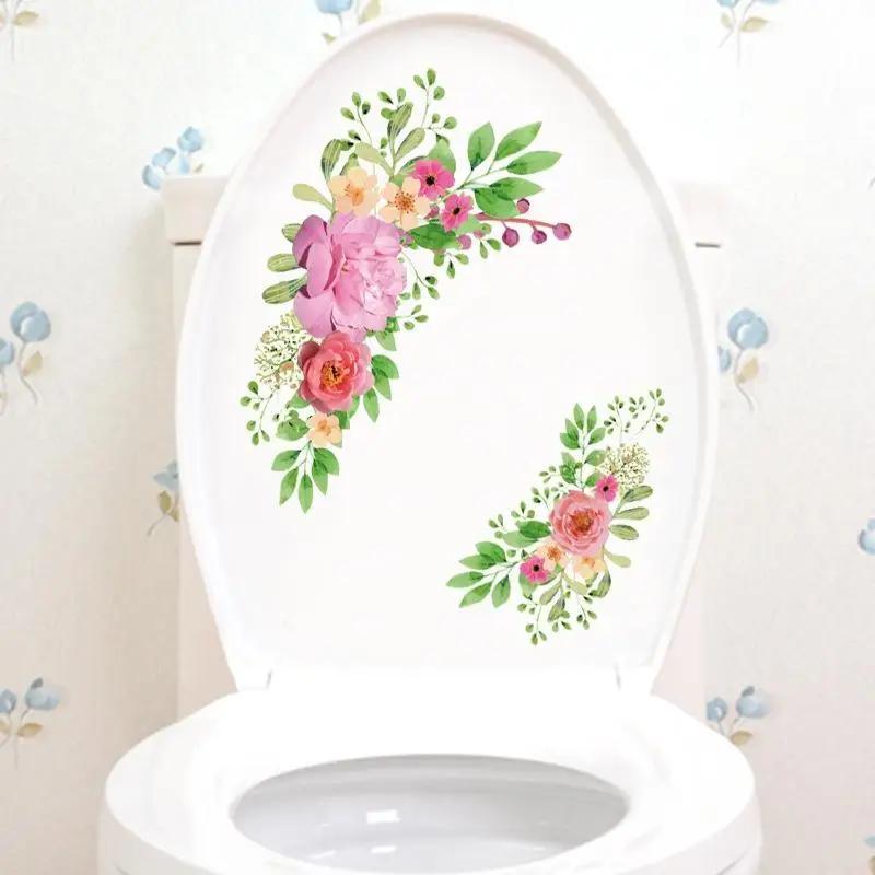 1 Pcs Flower Mural Toilet Stickers Bathroom Decoration Stickers Bathroom Decors Self-adhesive Paintings Removable PVC Sticker