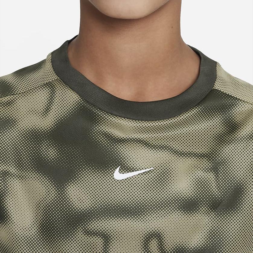 Nike Пуловер Dri-FIT с многокамуфляжным принтом, футболка с коротким рукавом, детские топы, хаки-зеленый, DX5392-325