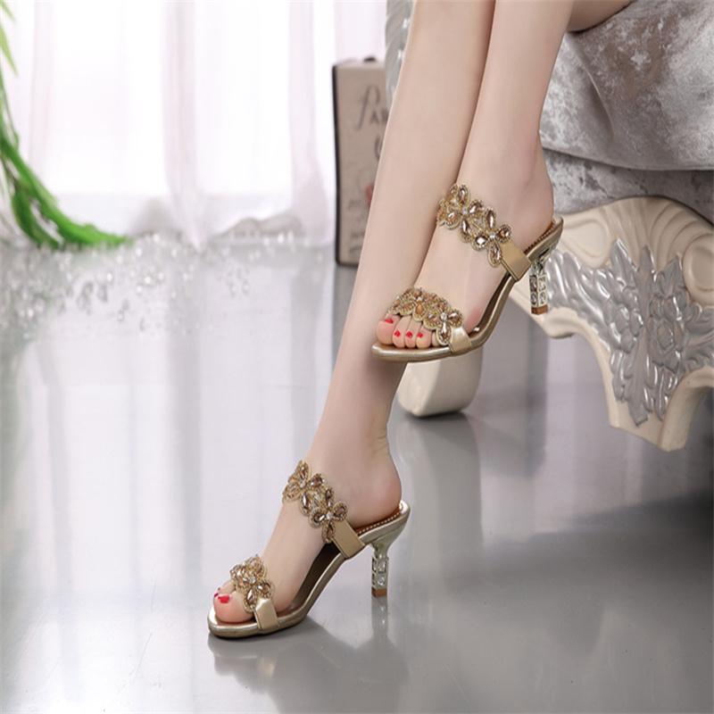 Fashion Sandals Women's Rhinestone Slippers Wedding Banquet New Medium Heel Crystal Diamond Sexy Sandals High Heels
