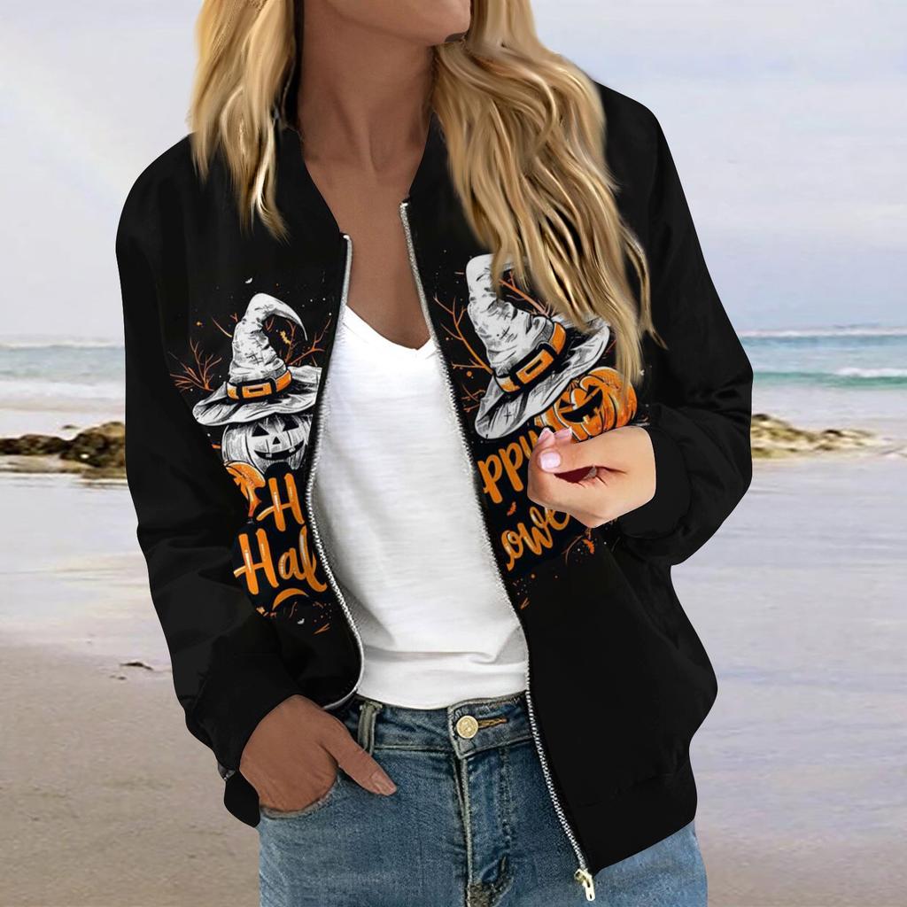 Женская модная повседневная куртка на молнии с длинным рукавом с принтом и круглым вырезом