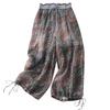 Summer cotton and linen literary and retro casual pants wide-leg pants cotton and linen style loose printing nine-point pants women