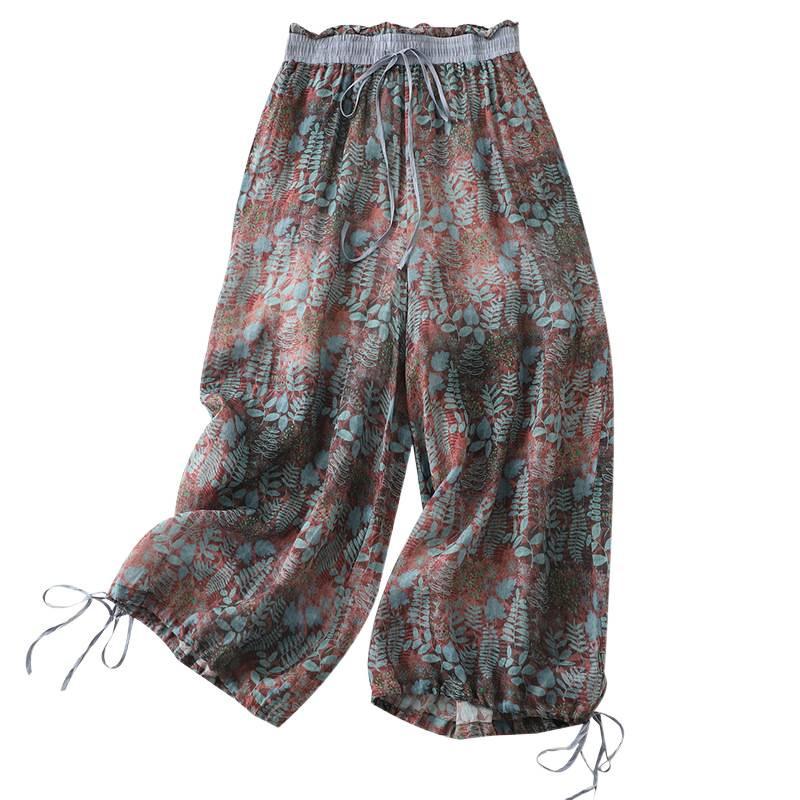 Summer cotton and linen literary and retro casual pants wide-leg pants cotton and linen style loose printing nine-point pants women