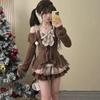 Japanese Sweet Lolita 2 Piece Sets Women Retro Off Shoulder Bow Blouse Tops Plaid Cake Mini Skirt Girls Kawaii Y2k Slim Outfits