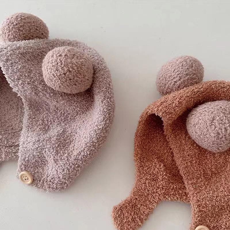 Cute Winter Warm Kids Girl Boys Baby Hats Fleece Wool Hemming Caps With Ball Wool Ear Protection Hats Soft Newborn Bonnet