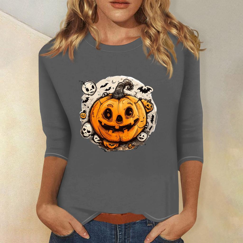 Women's Fashion Casual Three-quarter Sleeve Halloween Printed Round Neck Top
