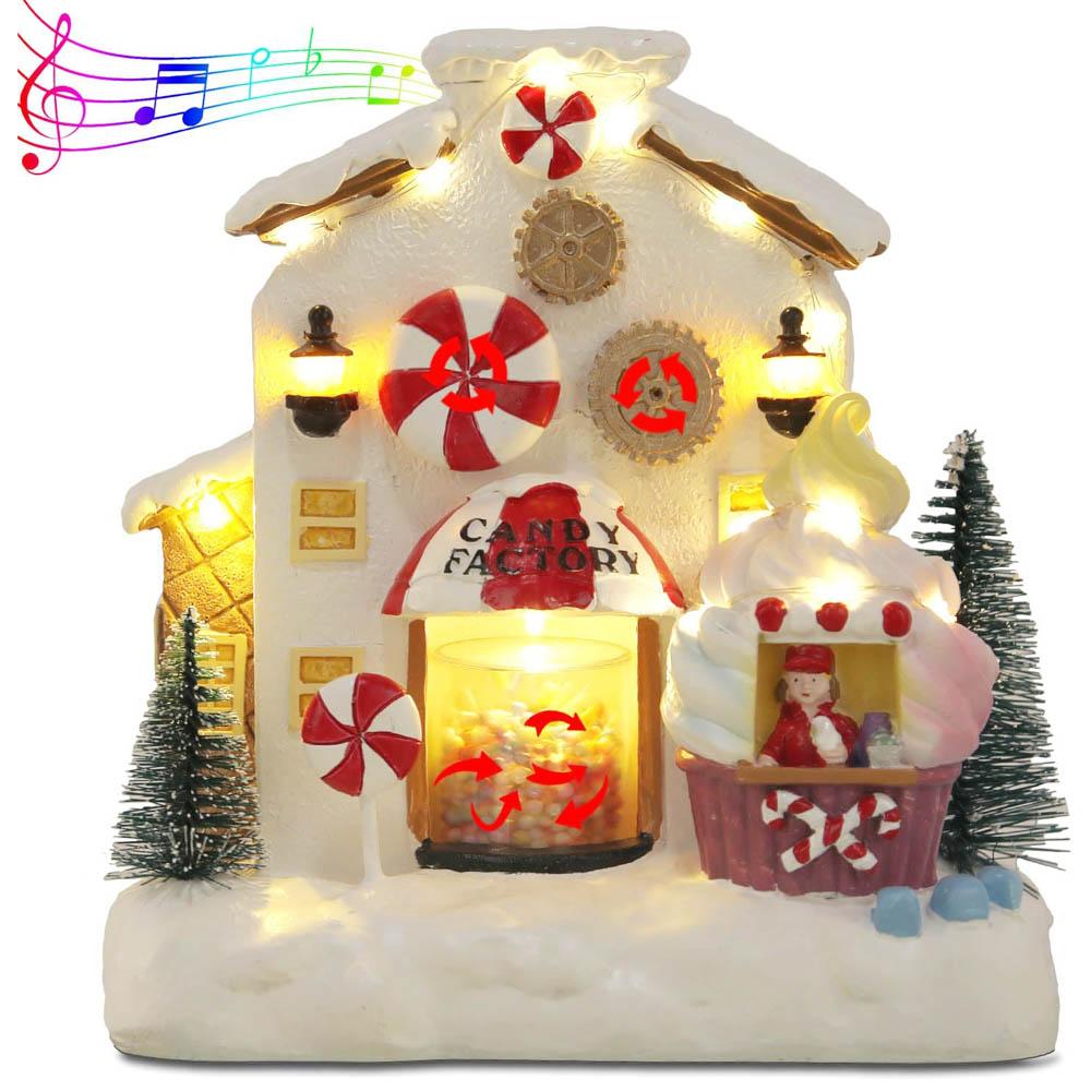 Christmas Village Gingerbread House Warm LED Lights Up Candy Factory Battery Operate Figurine Building Christmas Home Decoration