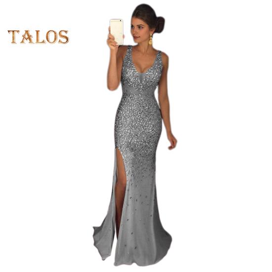 Женское вечернее платье с V-образным вырезом и сеткой в ​​стиле пэчворк без рукавов с разрезом в форме русалки Slim Fit для выпускного вечера, банкета, невесты, макси-платье