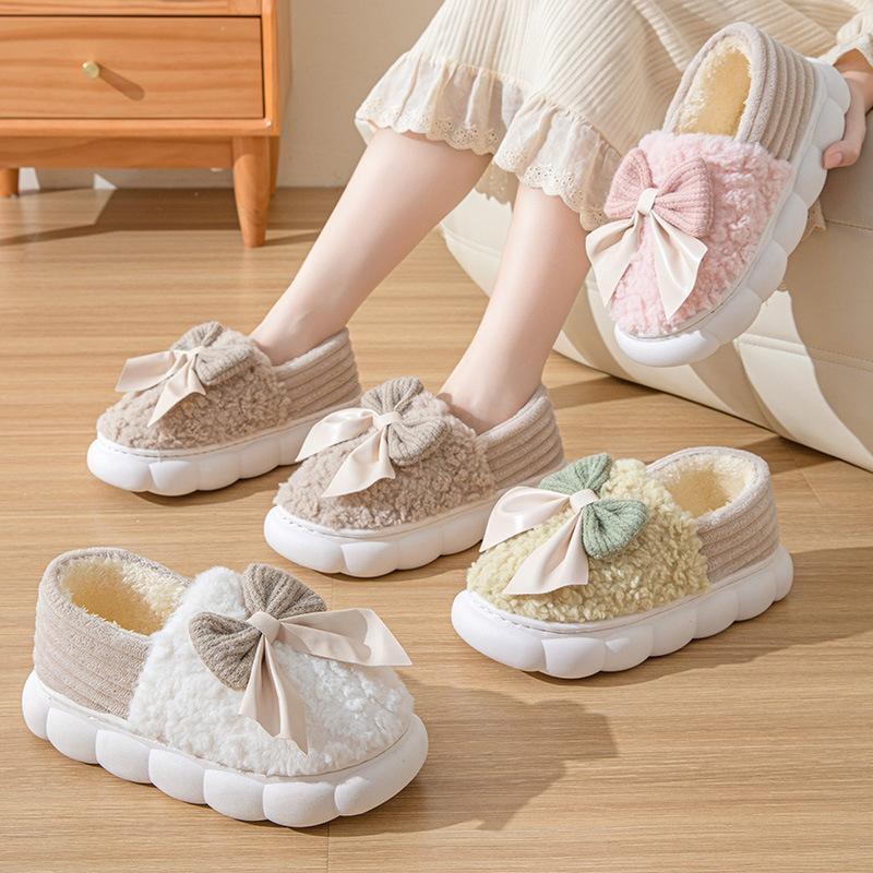 Тапочки из хлопка с бантом, новые туфли для женщин, домашняя обувь на осень-зиму, теплые повседневные меховые тапочки, туфли без застежек на мягкой подошве из хлопка