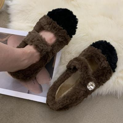 2024 Осень и зима Женские новые плюшевые теплые хлопковые туфли на плоской подошве Туфли из замши с открытым носком Женские однотонные туфли на плоской подошве
