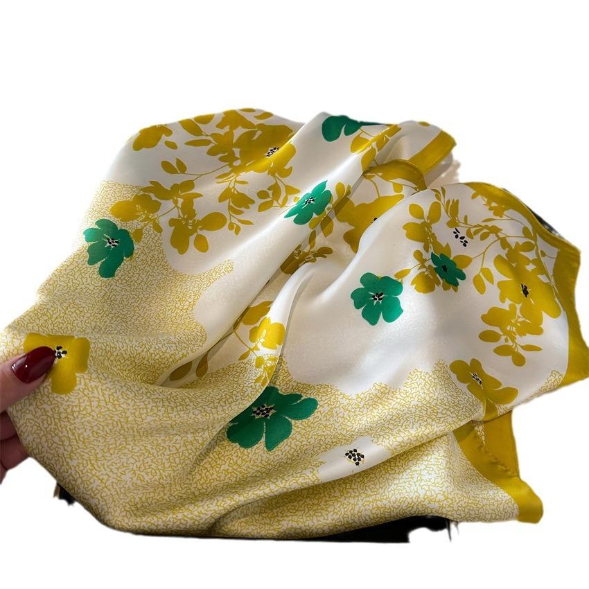 Flower And Leaf Silk Scarf Color Matching Scarf Simulation Silk Square Scarf 70Cm Thin Smooth Foreign Style Versatile Scarf