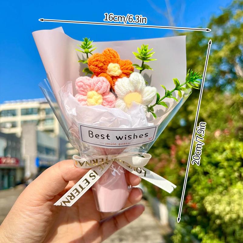 Valentine'S Day Mini Bouquet Artificial Rose Flowers Handmade Crochet Flower Bouquet Christmas Wedding Party Gifts Home Decor