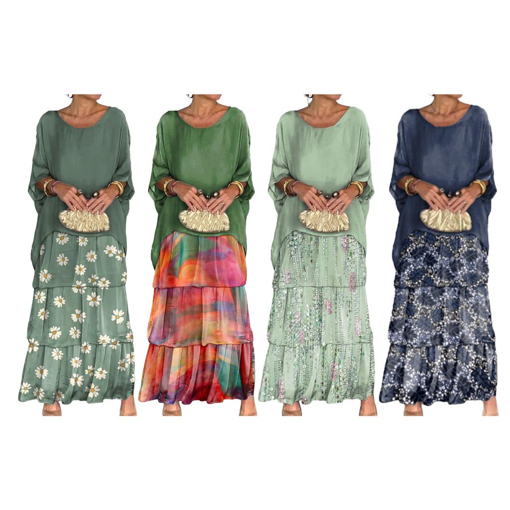 Вечернее платье с многослойным подолом в виде торта, контрастным цветным принтом, короткими рукавами, макси-платьем, рукавами «летучая мышь», мешковатым круглым вырезом, шифоновым платьем для выпускного вечера