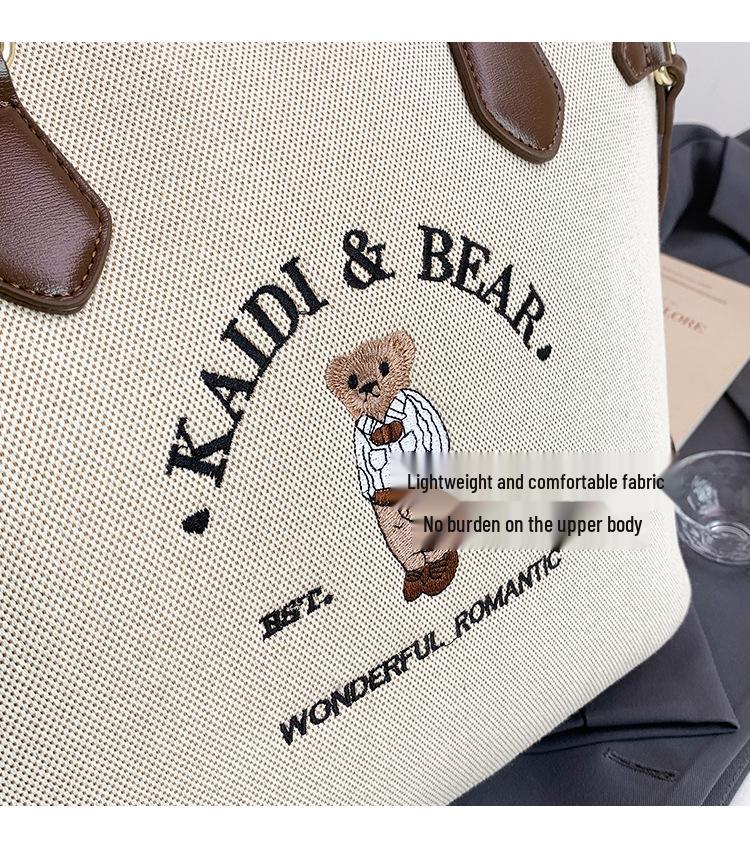 Katie Bear Retro Embroidery Color Block Large Capacity Shoulder Tote Bag 2025