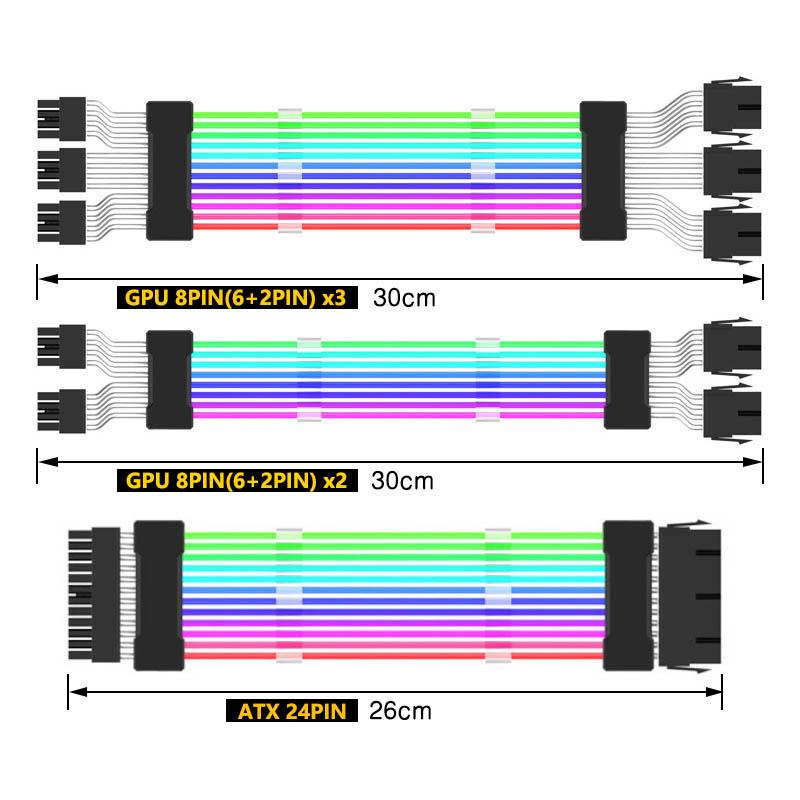 24-контактный адресуемый удлинительный кабель питания RGB ATX, кабели RGB для ПК 18AWG Удлинительный кабель блока питания для материнской платы для разъема материнской платы