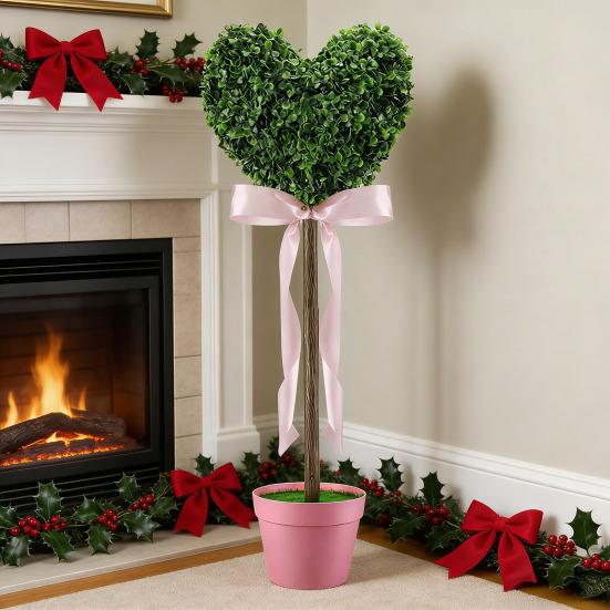 1/2Pcs Artificial Heart Topiary Tree Love Heart Topiary Stake with Rainbow Bow Indoor Outdoor Garden Porch Faux Shrubs Plants Decoration