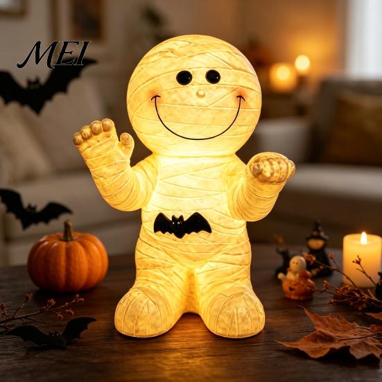 Halloween Atmosphere Decor Resin Mummy Light, Smiling Statue with Unique Home Accents Bat Decor, Cartoon Figurine Light for Desktop Ornament