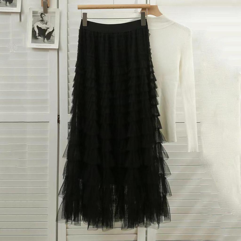 Qooth Осенняя сетчатая пышная длинная юбка в корейском стиле, элегантная винтажная бальное платье с эластичной резинкой на талии и высокой талией, газовая тюлевая юбка QT1989