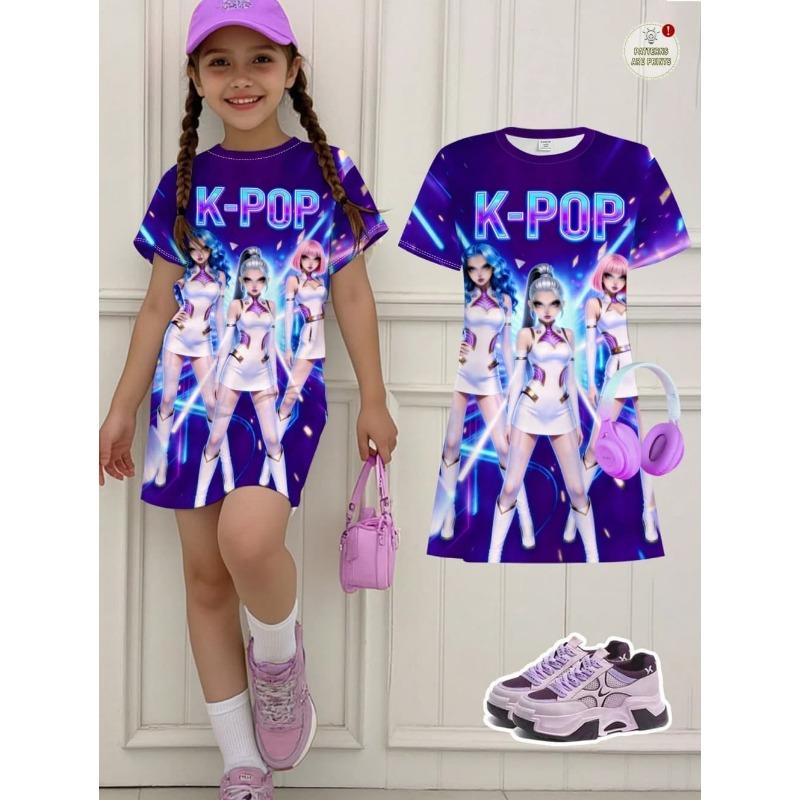 Платье для девочек K-pop Мультяшный Графический Забавный Подарок для Фаната Харадзюку Девочка Одежда Летние Топы Короткий Рукав Платье Детская Одежда