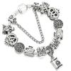 Vintage Silver Crown Birthday Cake Charm Beads Pendant Snake Chain Charm Bracelet For Women Girl Jewelry Gifts