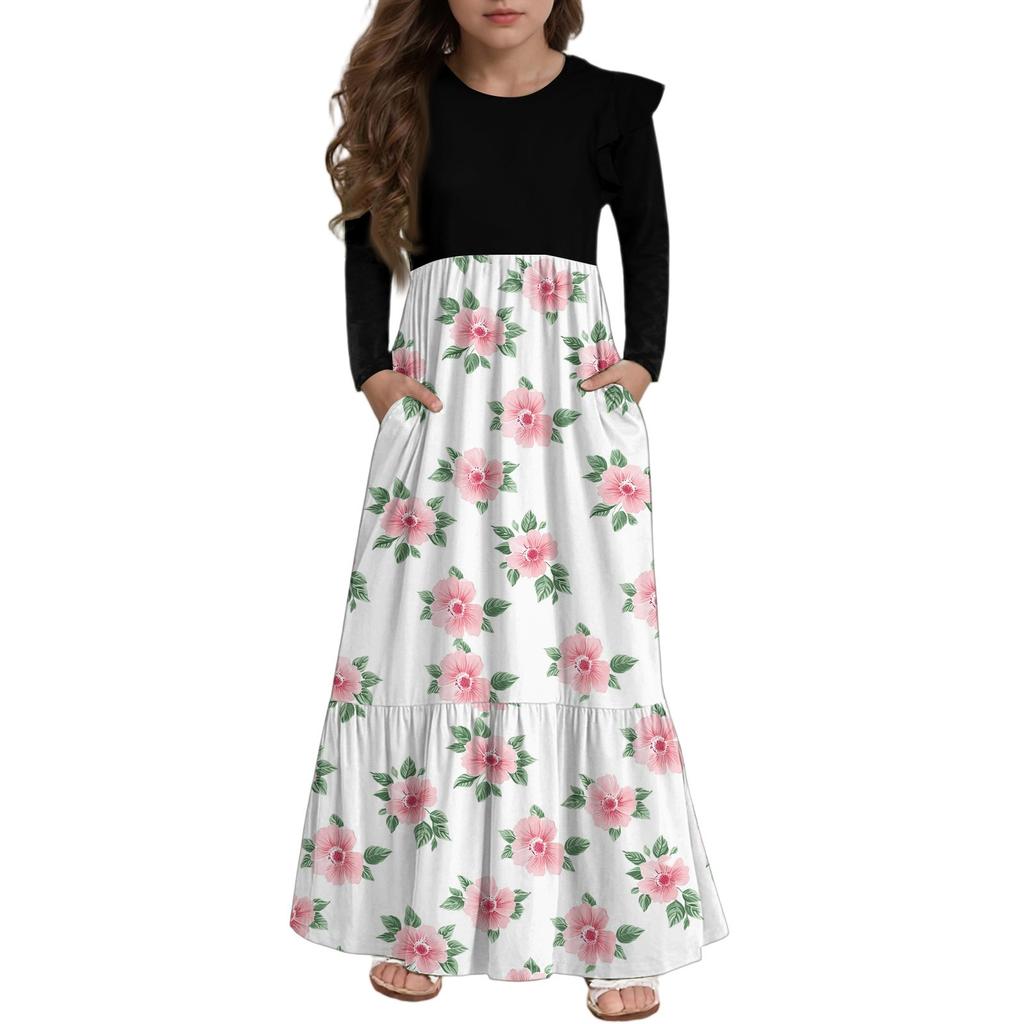 Girls' Tiered Ruffle Dress - Long Sleeve Printed Maxi With Pockets