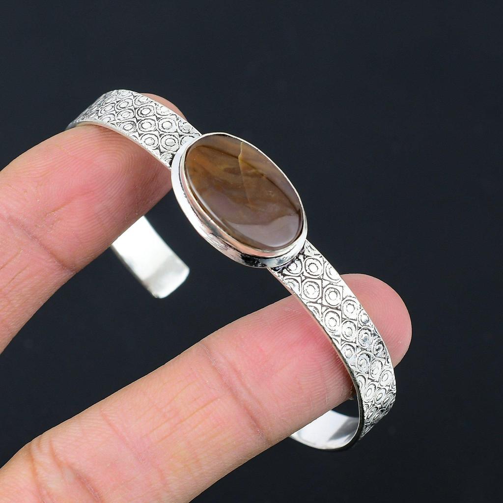 Oval Landscape Jasper Gemstone Engagement Boho Wife Bangle Bracelet 925 Silver