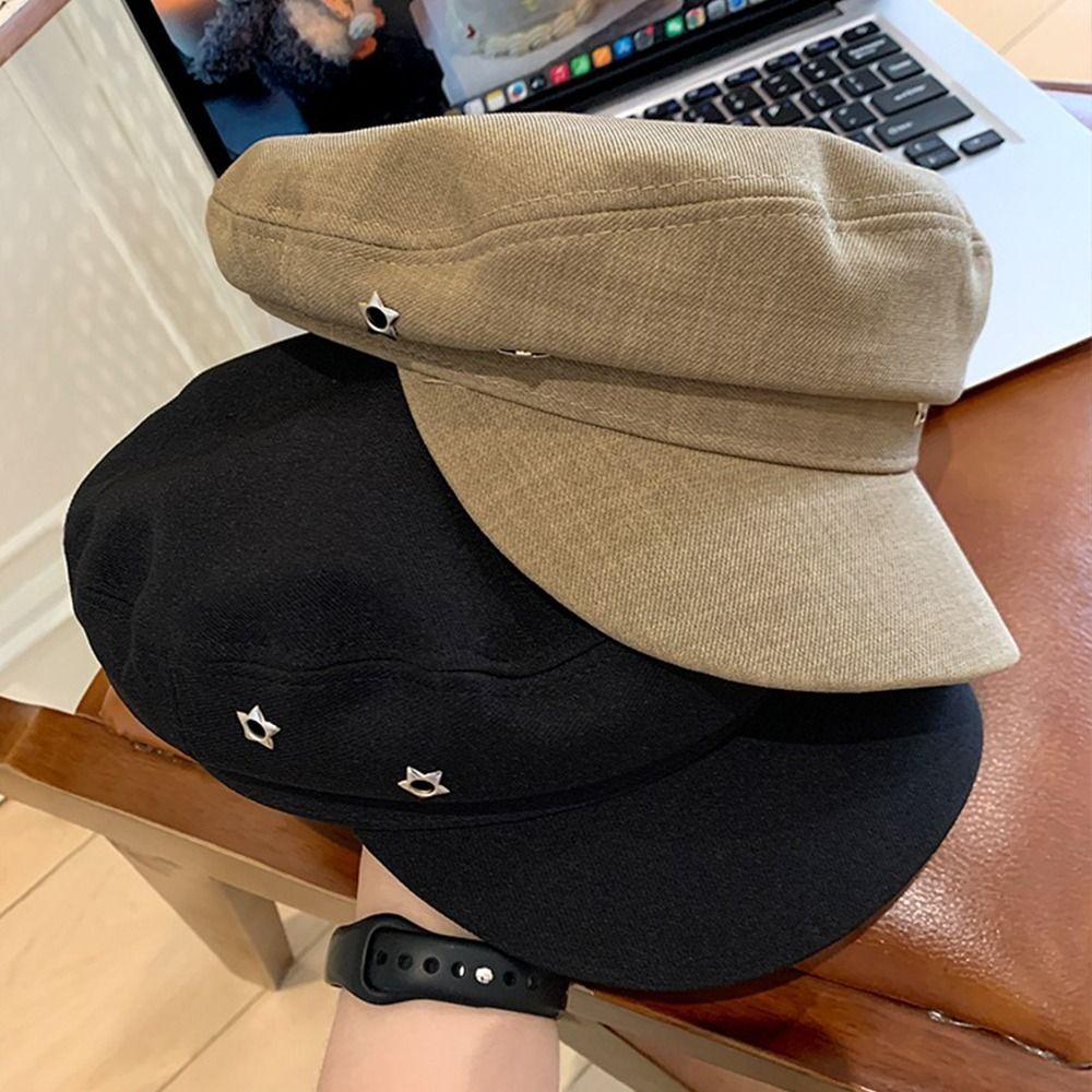 Flat Top Octagonal Cap Vintage Newsboy Hats Casual Star Hole Berets Ladies