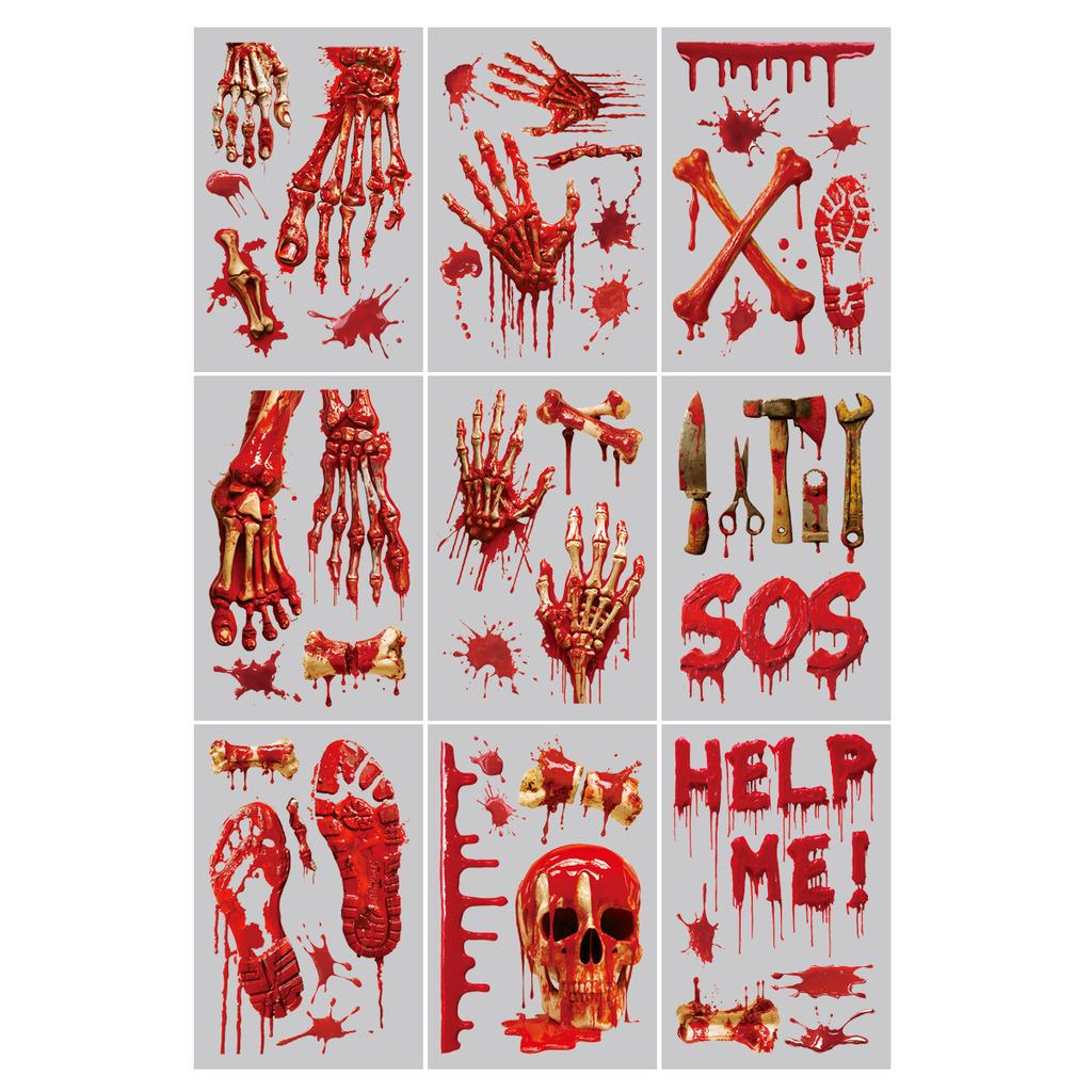 Halloween Window Clings Set Scary Bloody Handprint Sticker 3D Skeleton Head Horror Party Decor