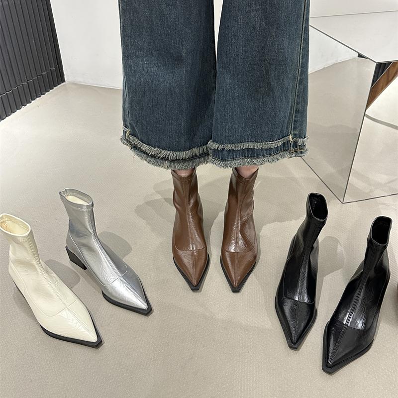 2025 Новые женские ботильоны Весенне-осенняя мода Острый носок Женские короткие ботинки Слипоны Квадратный низкий каблук Женские ботильоны