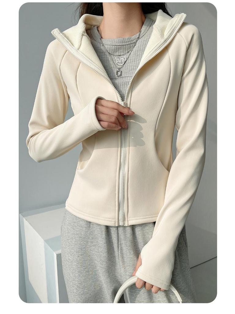 Женская облегающая куртка для йоги с капюшоном H675 - осенне-зимний бархат, утолщенная, ветрозащитная, теплый верх