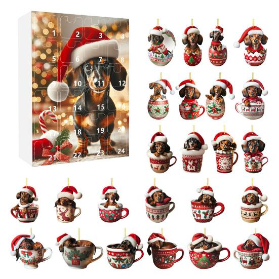 Dachshund Advent Calendar 2025 24 Days Christmas Countdown Calendar with Funny Cup Dachshunds Pendants Collectible Acrylic Xmas Tree Ornaments Set