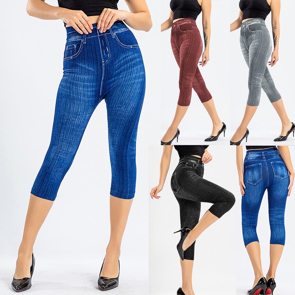 Fashion Women's Casual Imitation Denim Printed Tight Pants Comfy Elastic Waist Skinny Yoga Pants Ladies Butt Lifting Slim Fit Leggings