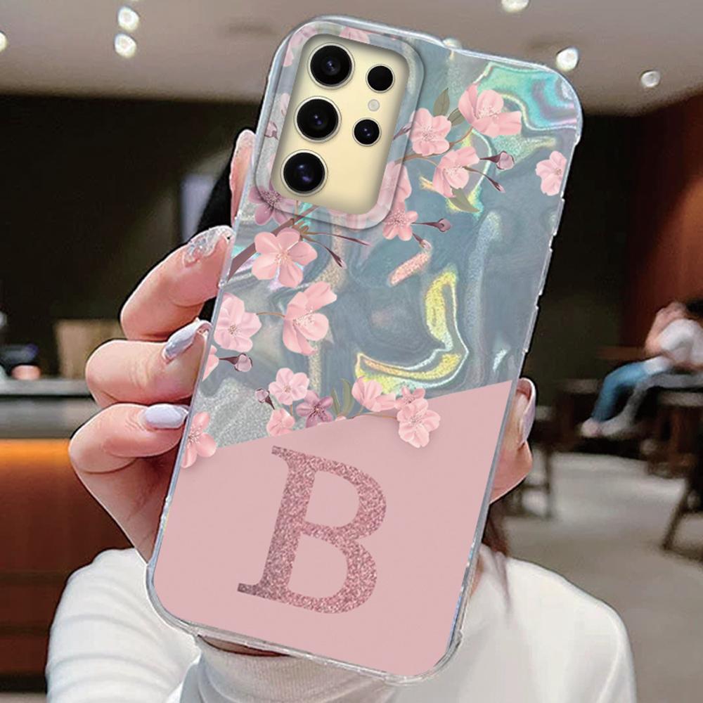 Initial Letter A Z Case For Samsung Galaxy S25 S24 S23 S21 S22 Plus S23 S21 FE Cover Pink Flowers Silicone Back Fundas Bumper