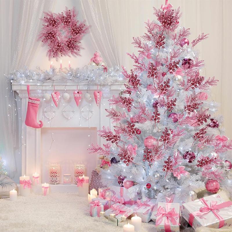 Glitter Christmas Decoration Artificial Berry Stalk Pine Needle Bouquet Christmas Tree Ornament Xmas DIY Wreath Gift Accessories