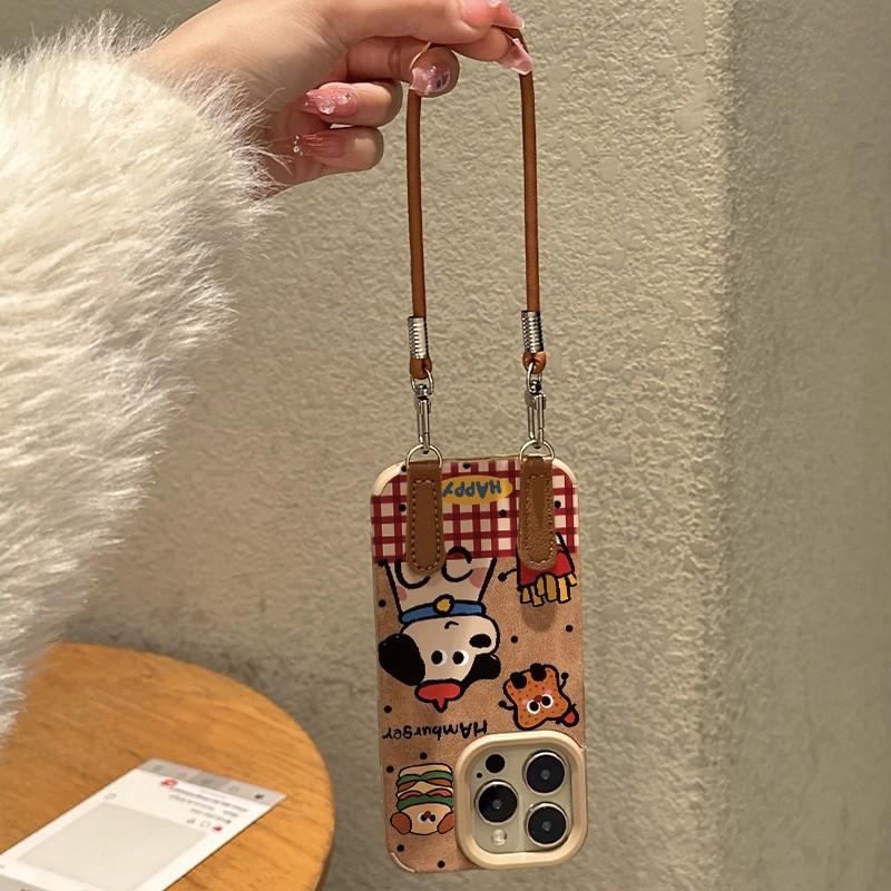 Hamburger French Fries Plaid Puppy Suede Autumn and Winter Women's Lanyard for Apple 17Promax/Air Mobile Phone Case