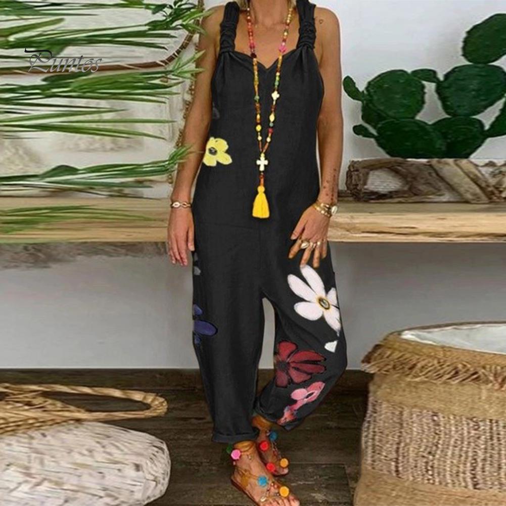 Женский комбинезон без рукавов с нагрудником без спинки и цветочным принтом