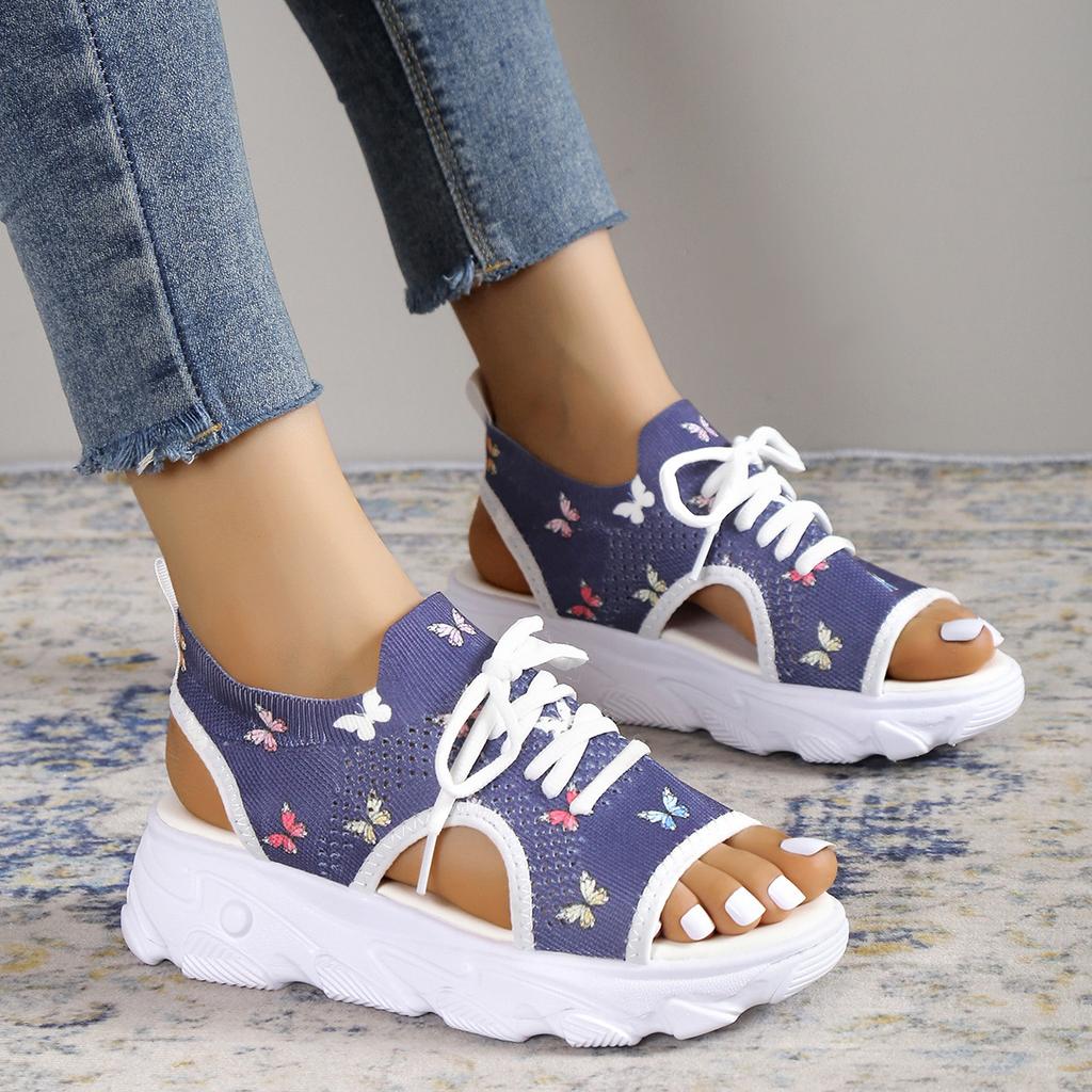 2024 Women's Tie Dye Knit Sports Sandals Peep Toe Lace Up Cut-out Slip On Shoes Comfy Slingback Platform Sandals