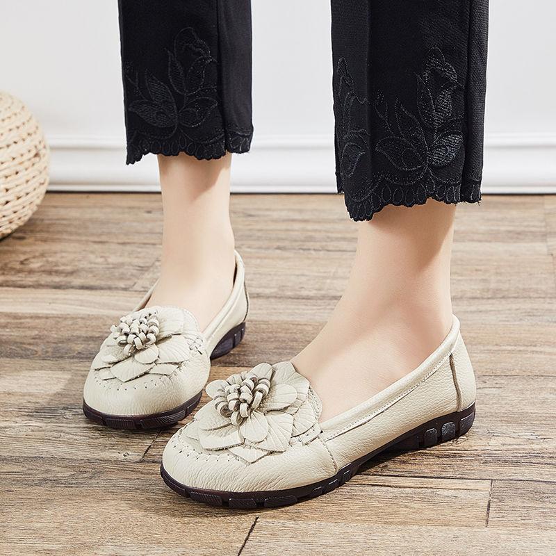 Vintage Summer Genuine Leather Shoes Without Heels Women's Moccasin Woman Ballet Flats Slip On Floral Loafer Ladies Chic Shoes