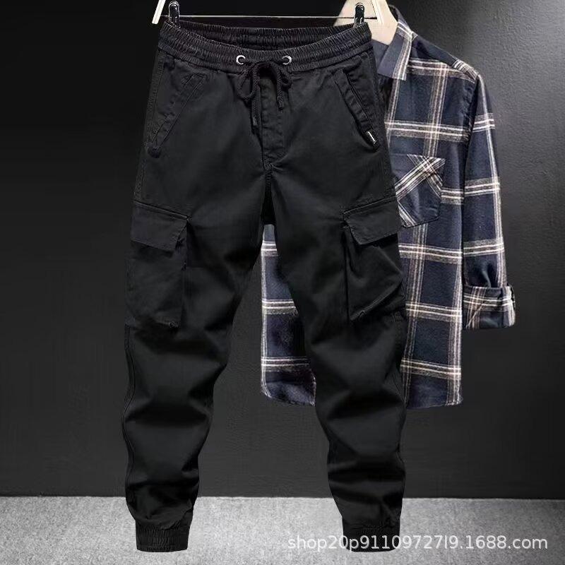 Casual Overalls Men's Spring and Autumn Loose Tied Feet Multi-pocket Solid Color Overalls Men